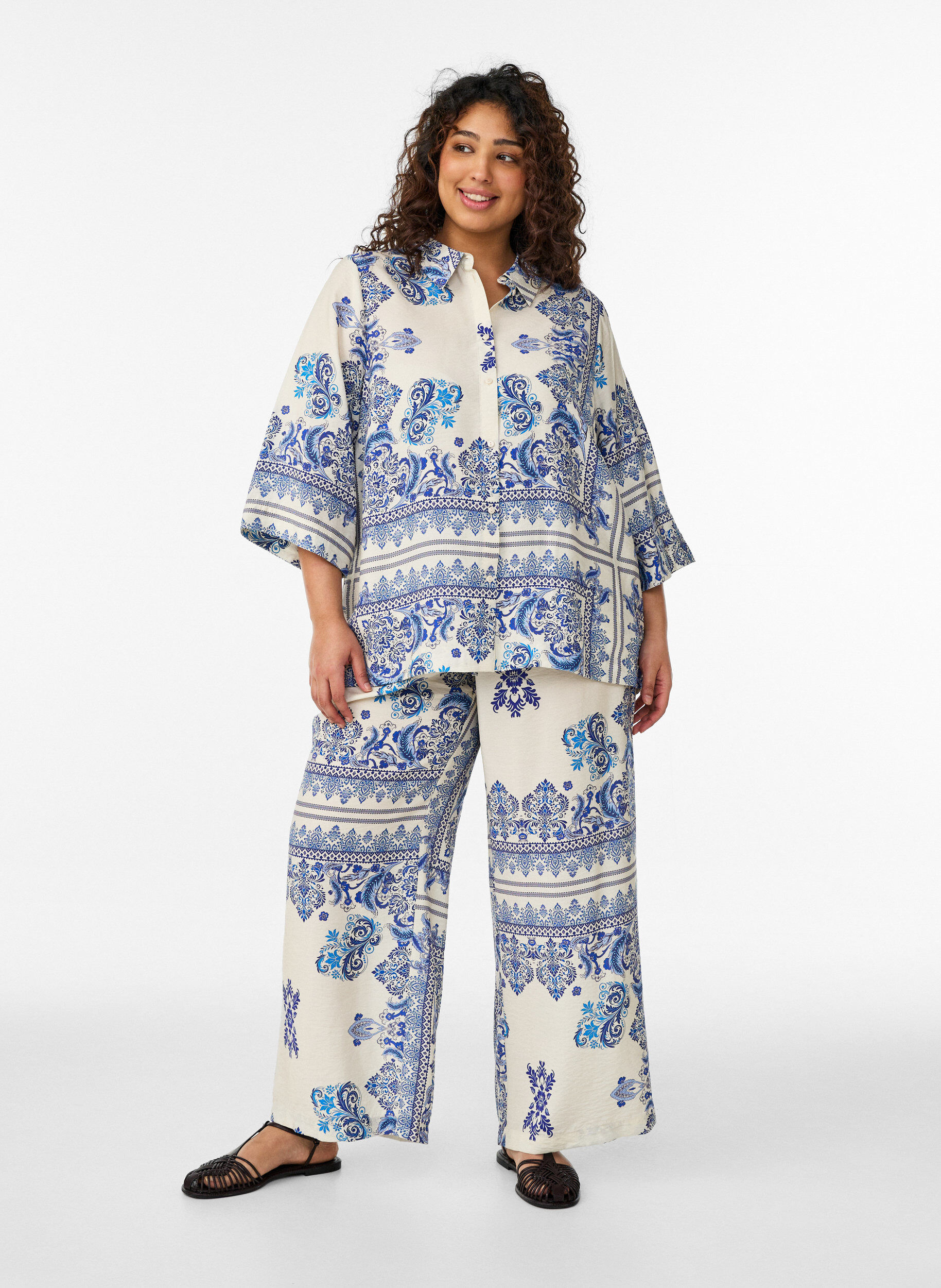 ZizziPatternbroek met wijde pijpen, Blauw, Model image number 1