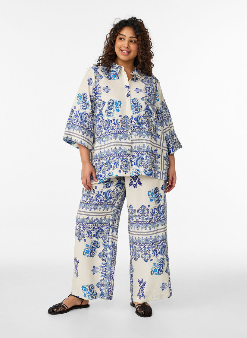 Patternbroek met wijde pijpen, Blauw, Model image number 1