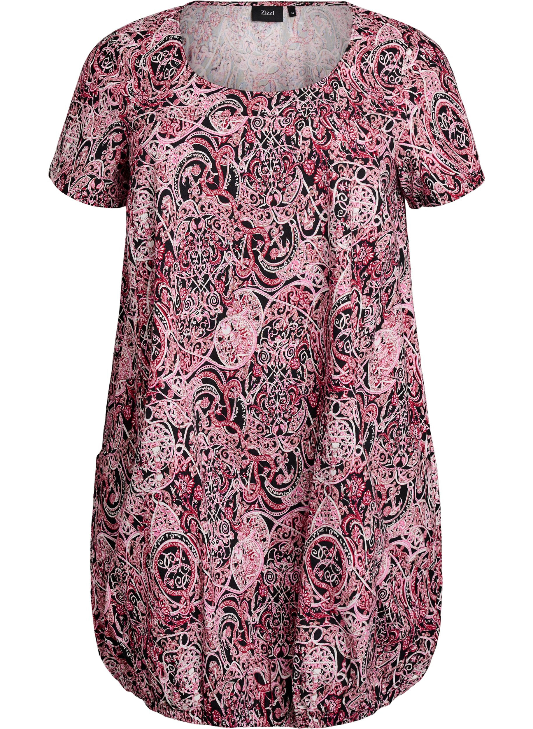 ZizziKatoenen jurk met korte mouwen en print, Zwart, Packshot image number 0