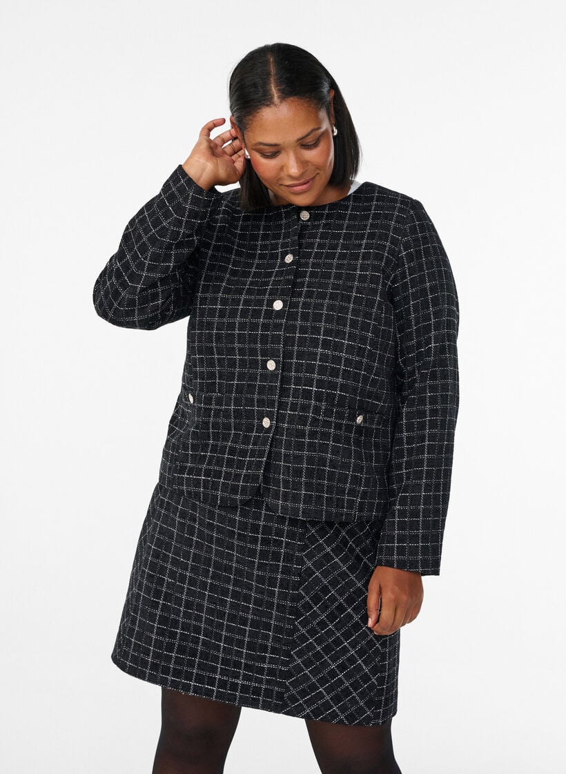 Korte bouclé blazer met ruitjes en ronde hals, Black w. Check, Model
