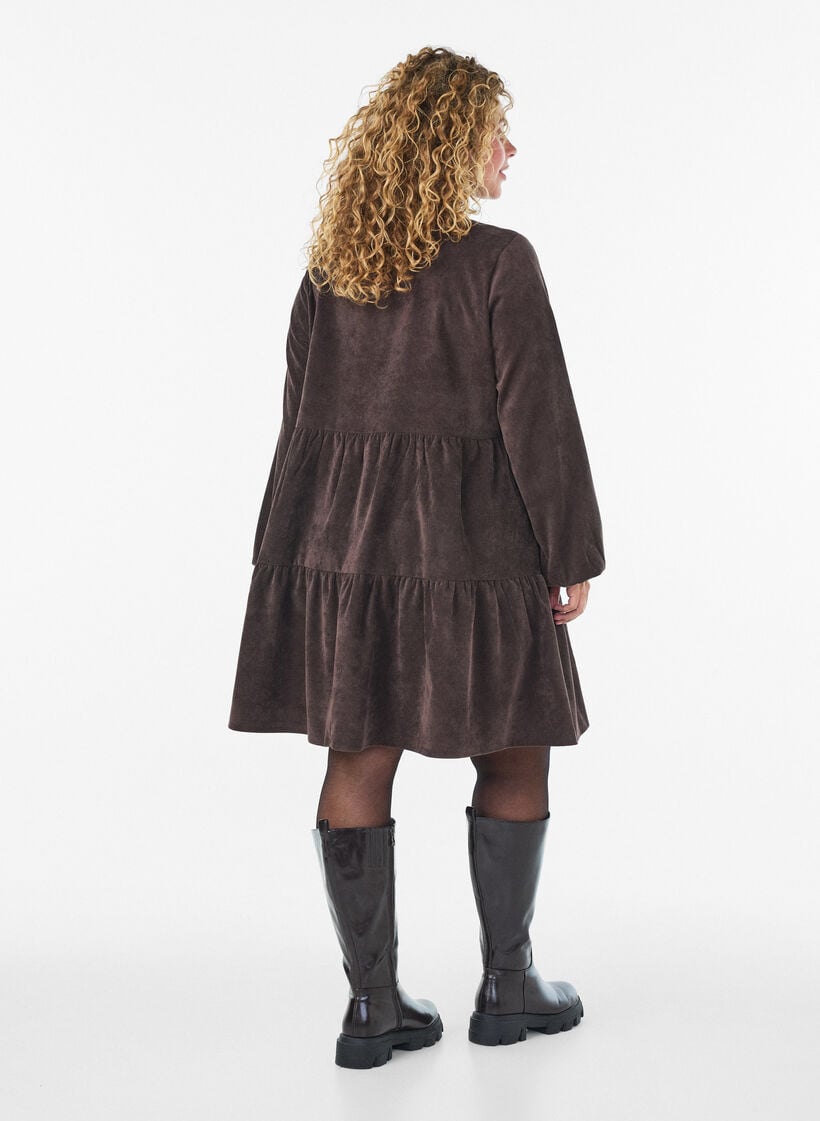 Corduroy jurk met A-lijn en opstaande kraag, Bruin, Model image number 2