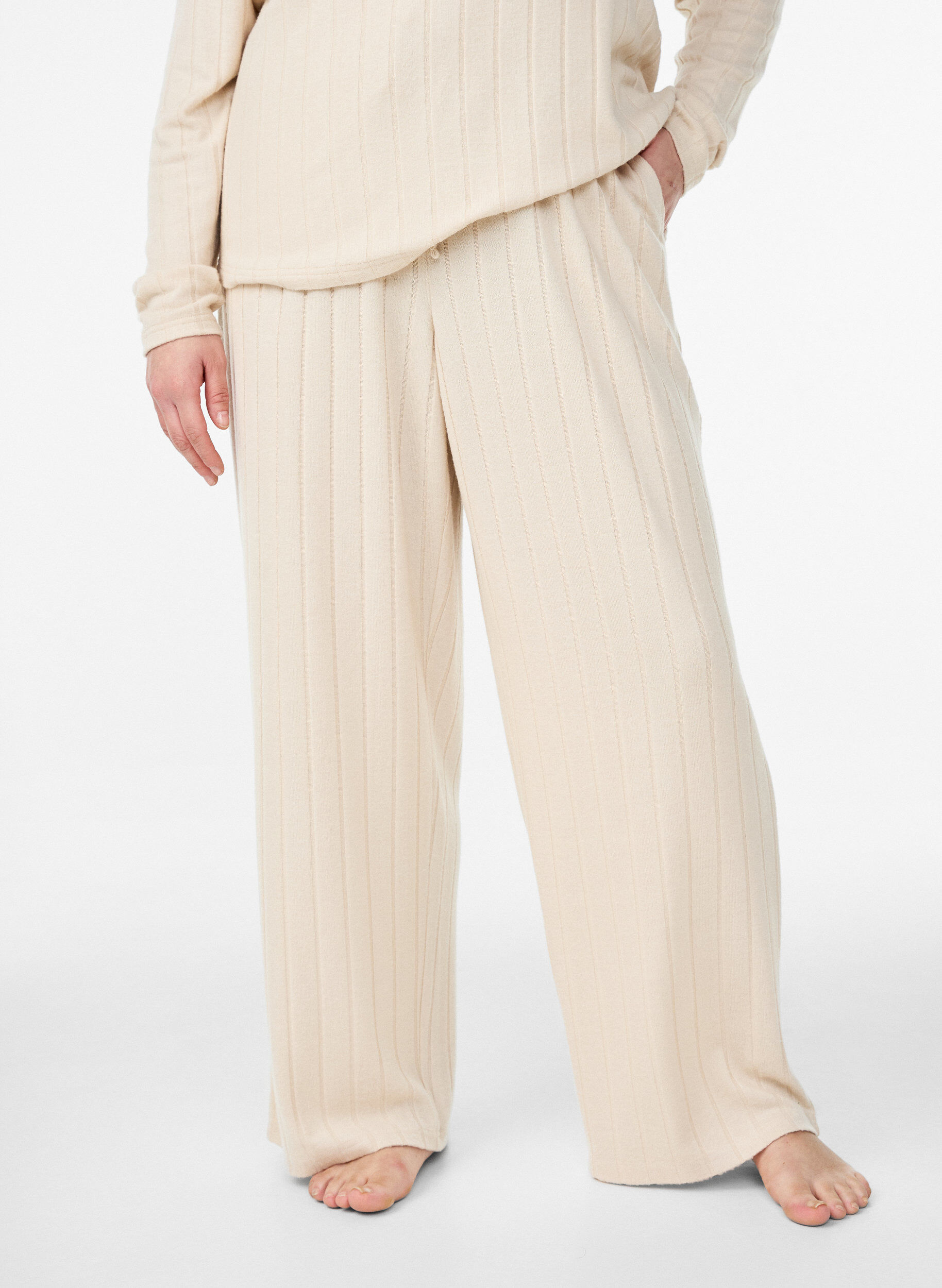 ZizziGeribde jersey lounge broek met hoge taille, Beige, Model image number 2