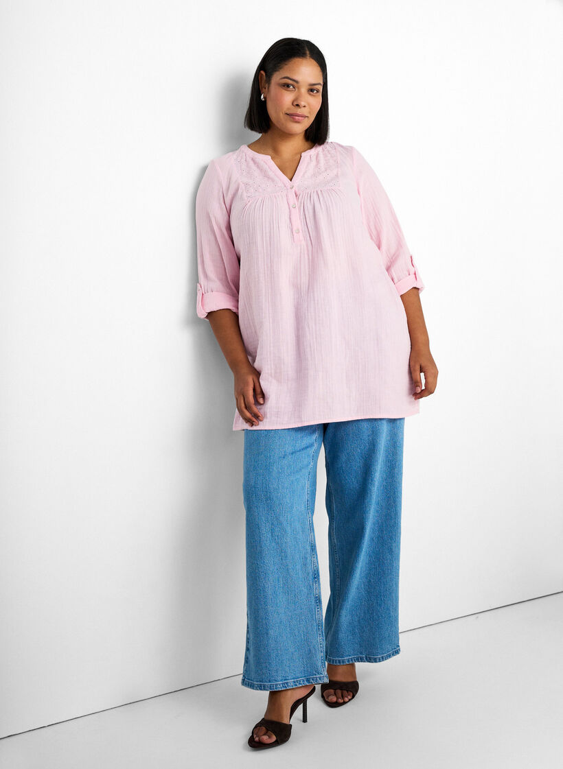 Katoenen mousseline tuniek met broderie anglaise, Roze, Image image number 0