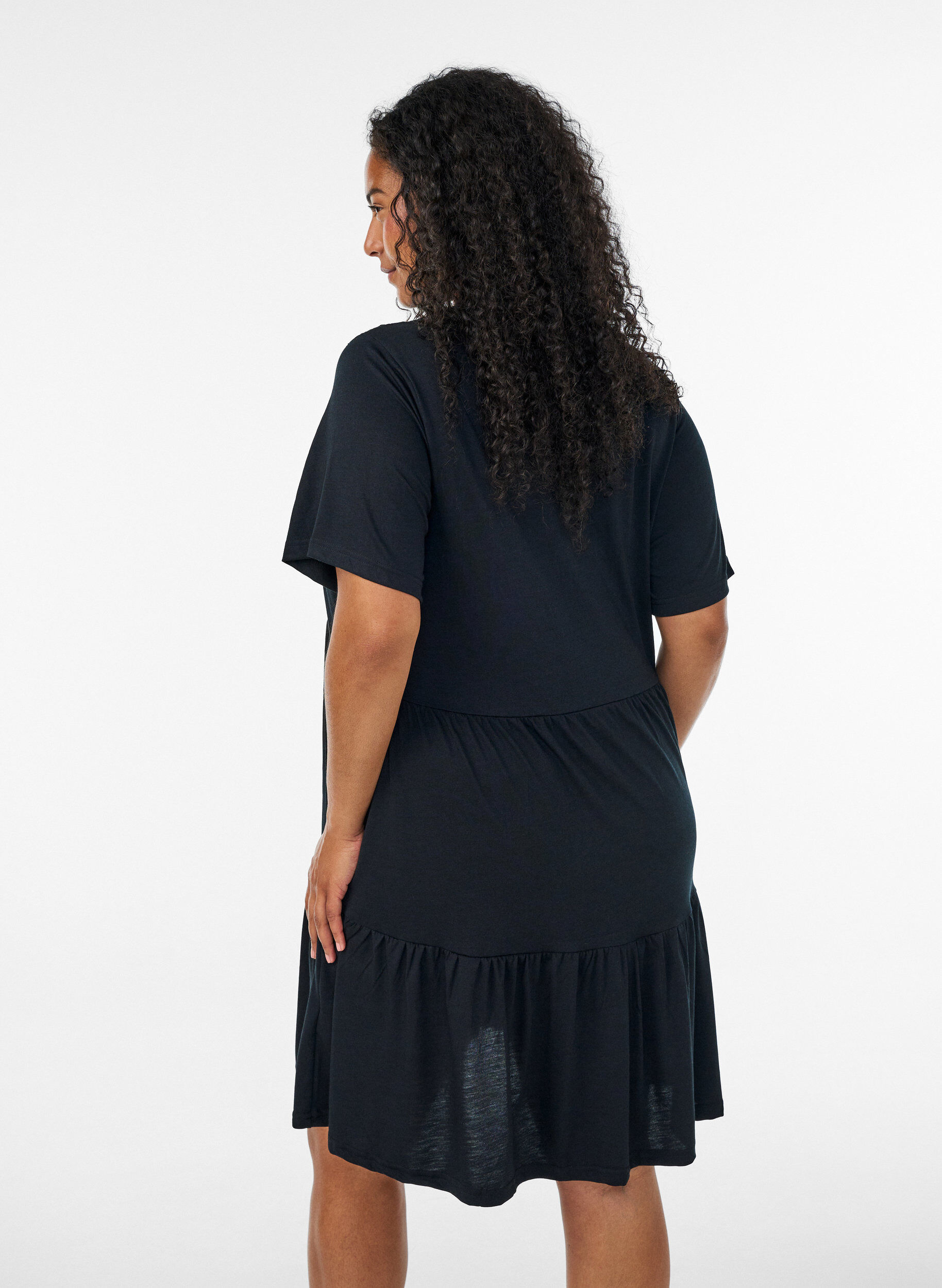 ZizziJerseyjurk met kanten details en een gelaagde rok, Zwart, Model image number 2