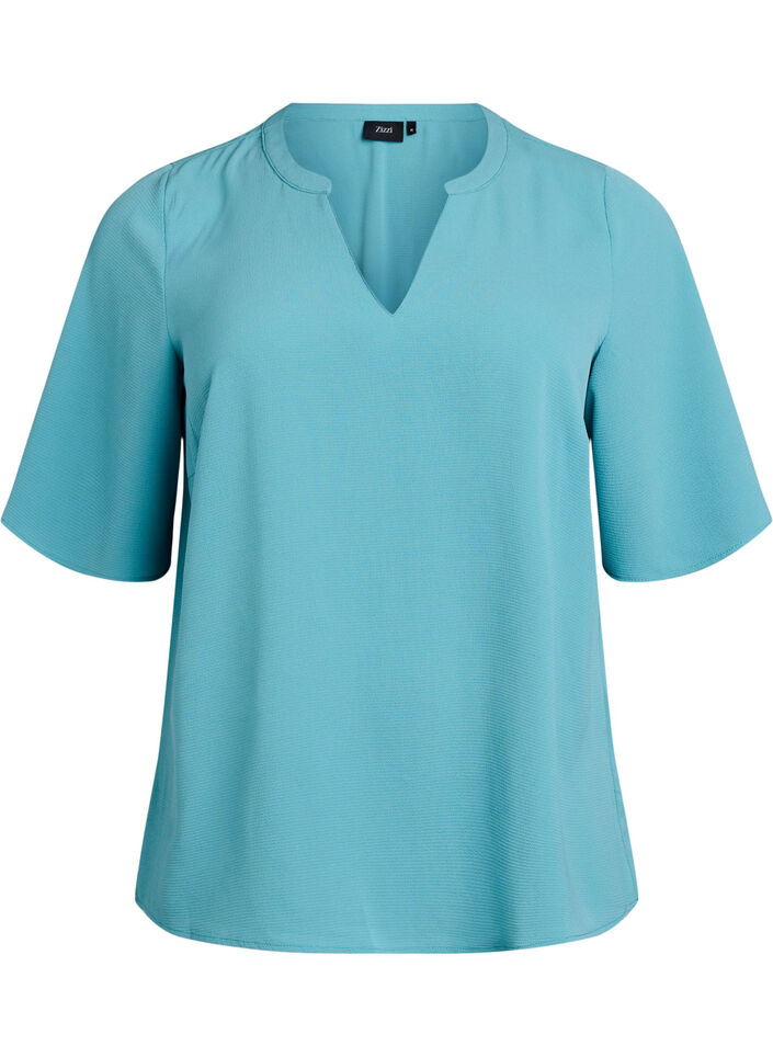 Blouse met korte mouwen en V-hals, Groen, Packshot image number 0