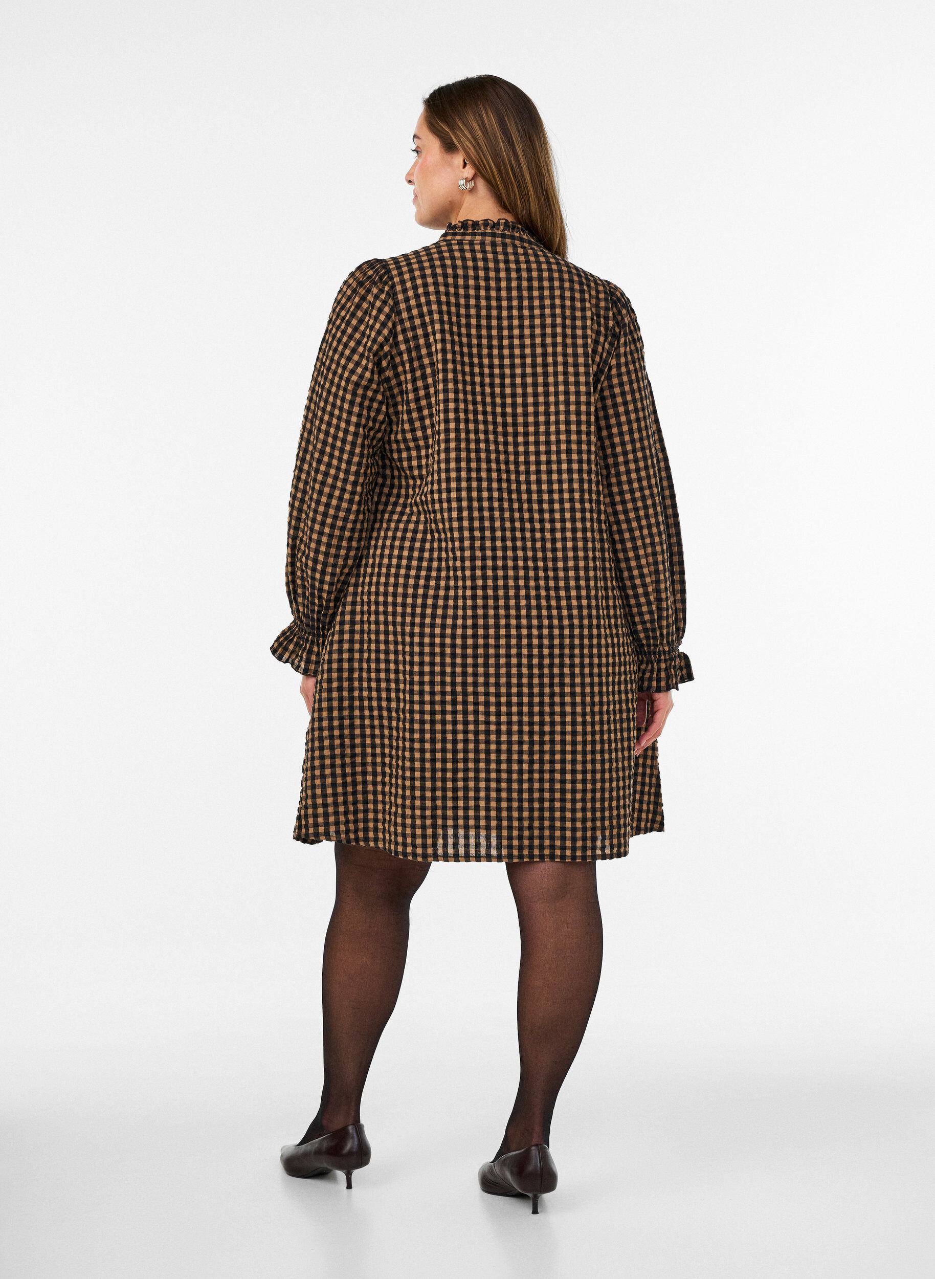 ZizziGeruite katoenen jurk met ruches, Bruin, Model image number 2