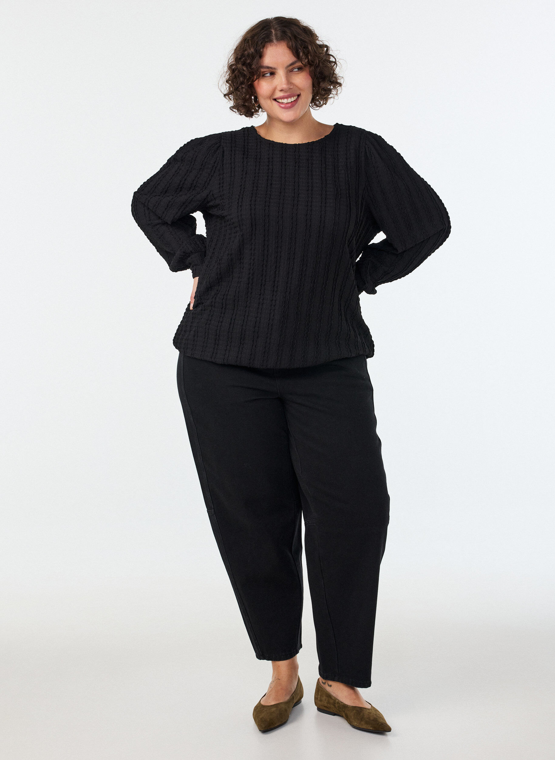 ZizziJersey blouse met structuur en ballonsilhouet, Zwart, Model image number 1