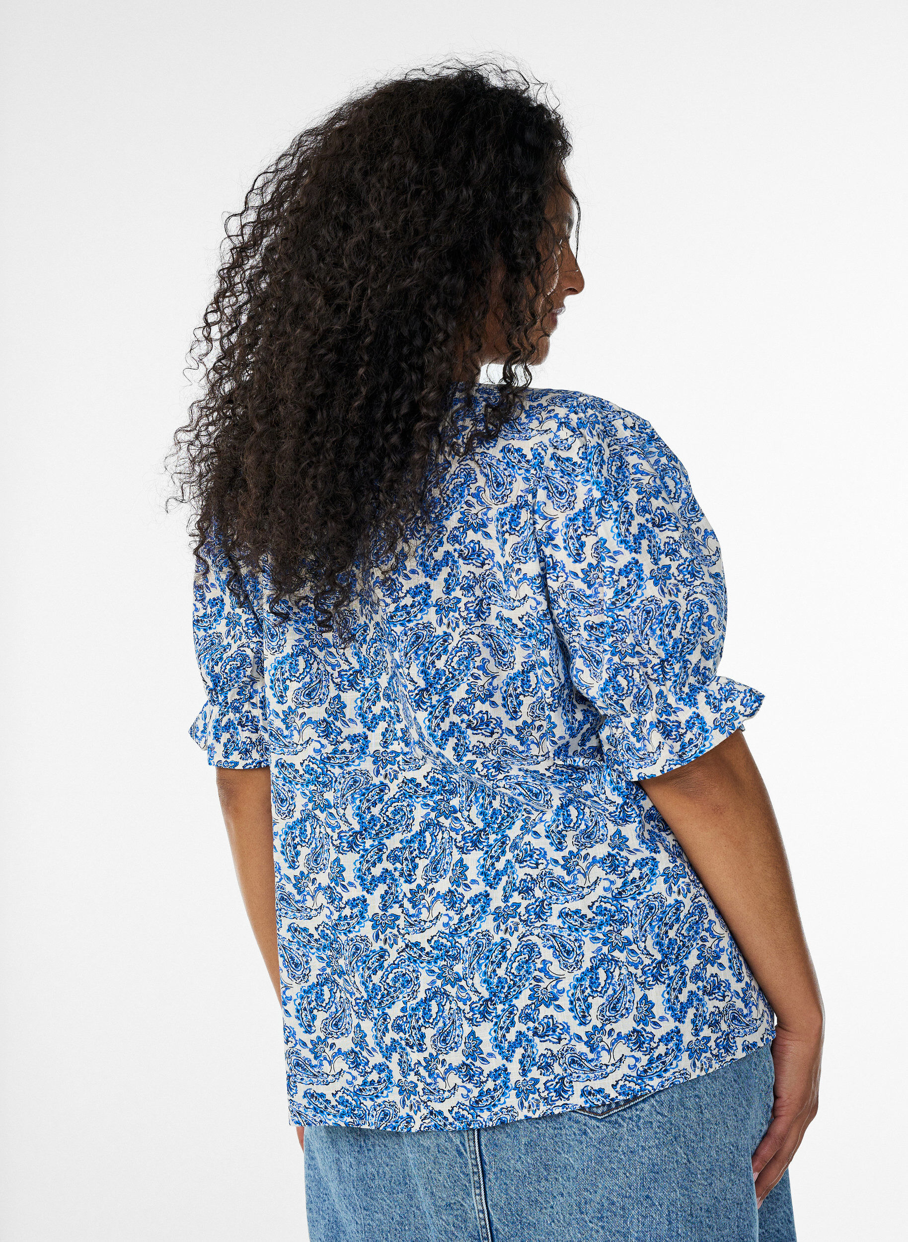 ZizziKatoenen blouse met vierkante halslijn, Blauw, Model image number 2
