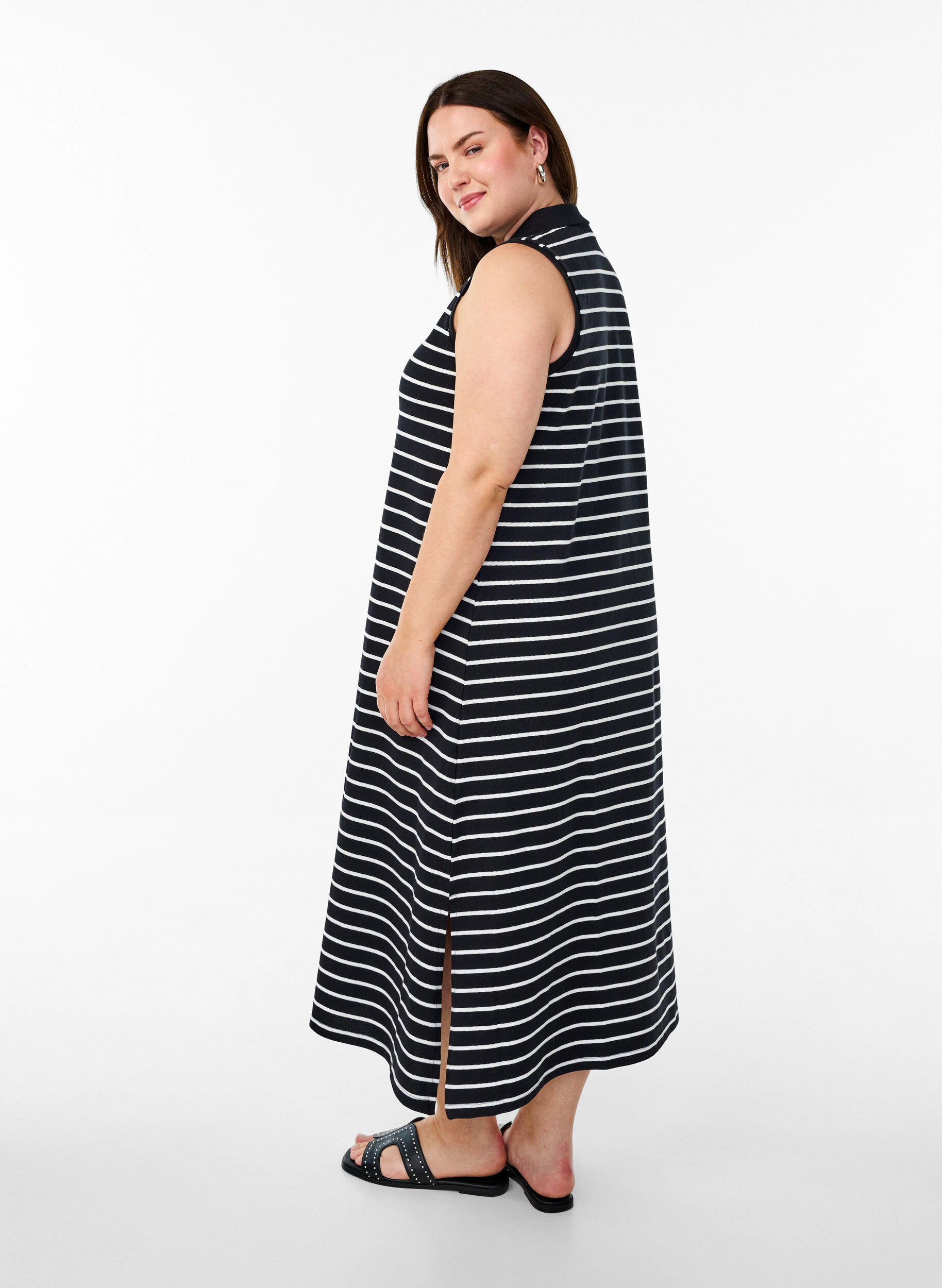 ZizziMouwloze polo jurk in midi lengte, Zwart, Model image number 1