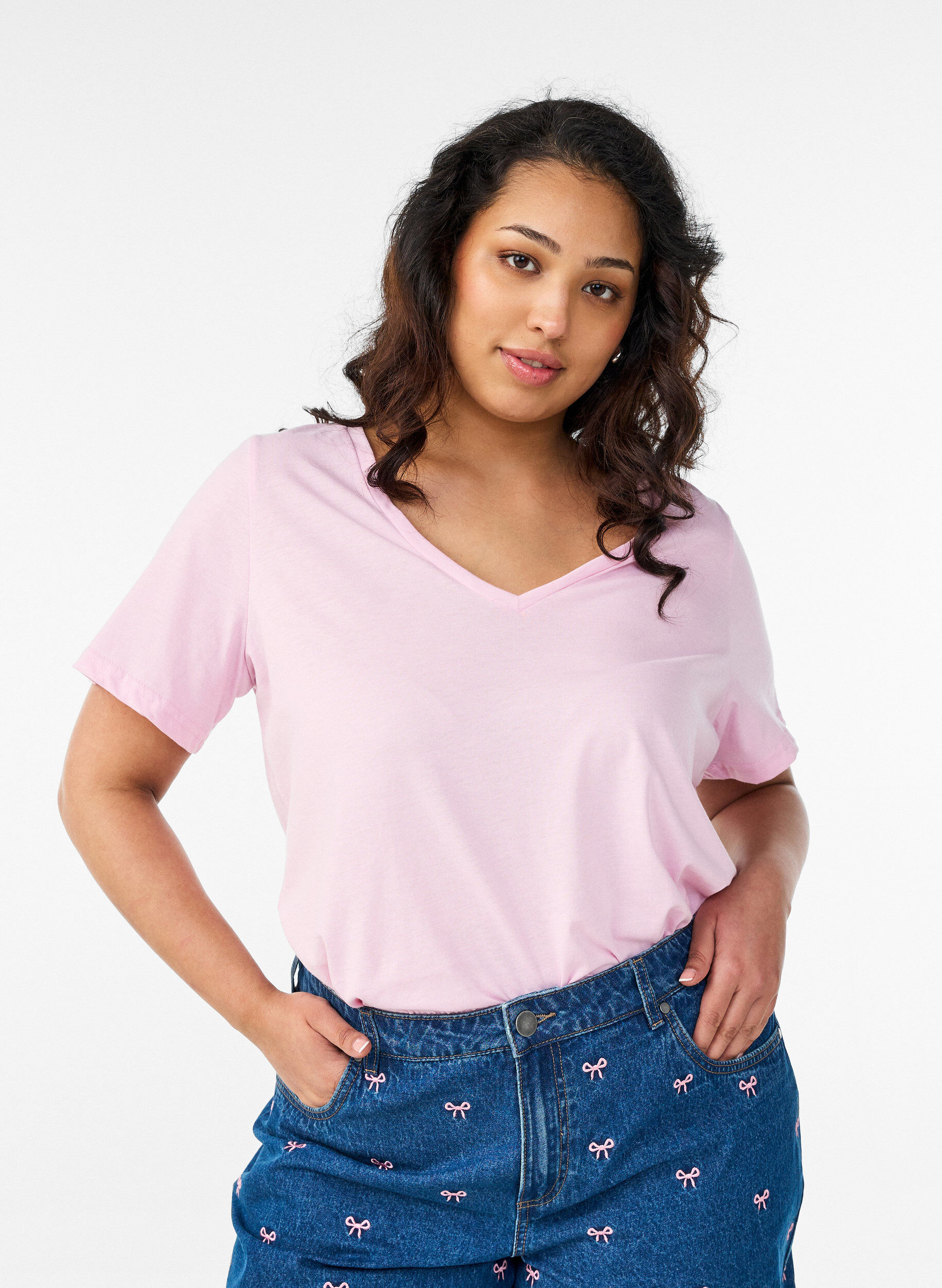 T-shirt met korte mouwen en V-hals, Roze, Model