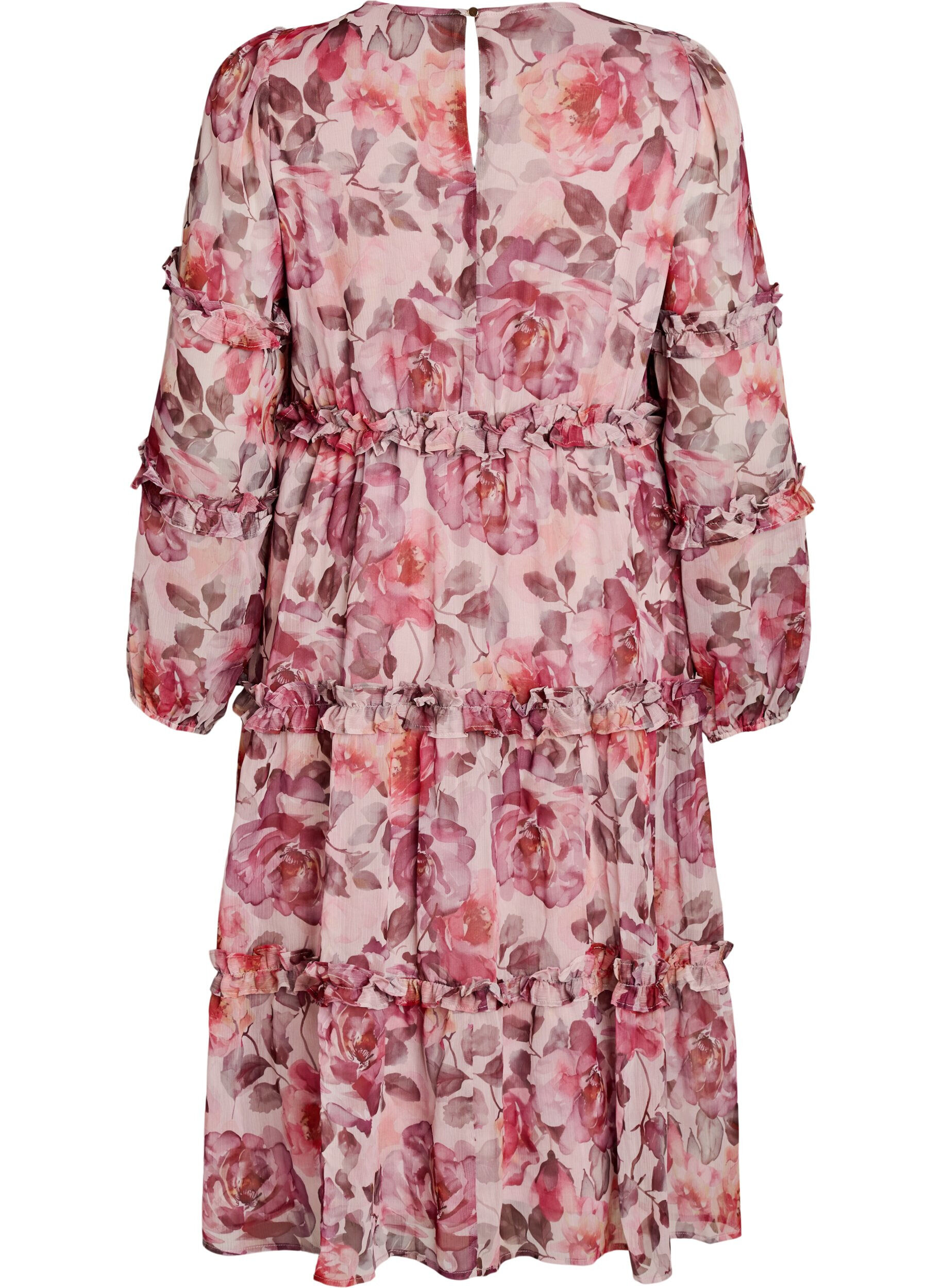 Zizzi Robe midi &agrave; fleurs avec volants et manches transparentes, Rose, Packshot image number 1