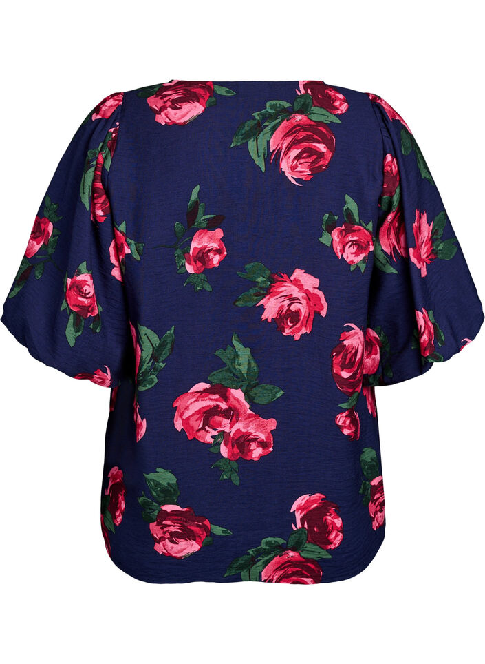 Blouse met rozenprint en korte ballonnenmouwen, Blauw, Packshot image number 1