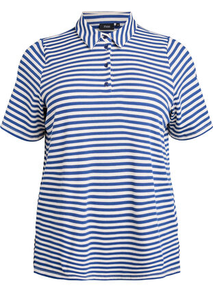 ZizziGestreept poloshirt met korte mouwen, Blue Stripe, Packshot image number 0