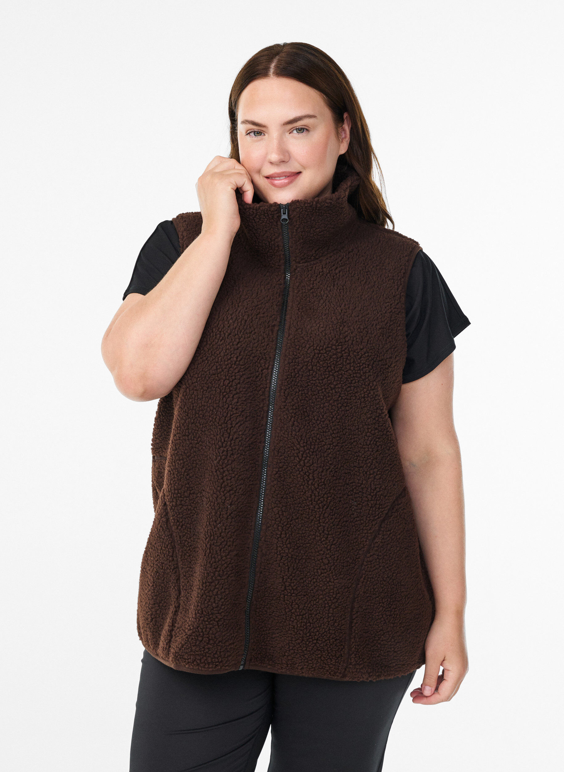 Teddy fleece gilet met ritssluiting en zakken, Bruin, Model