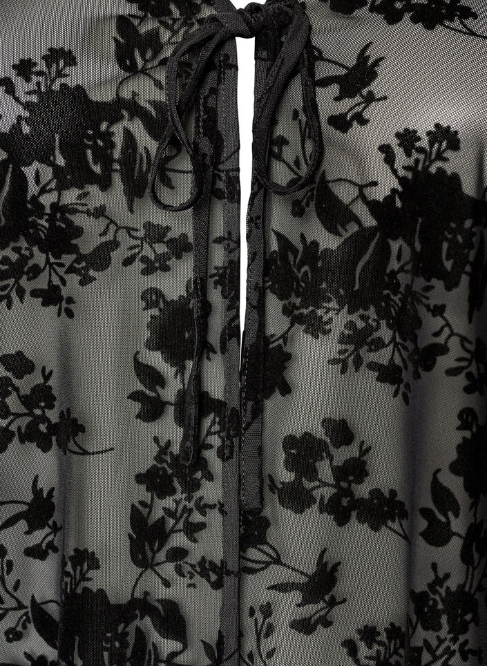 Mesh blouse met bloemenpatroon en open voorkant, Zwart, Packshot