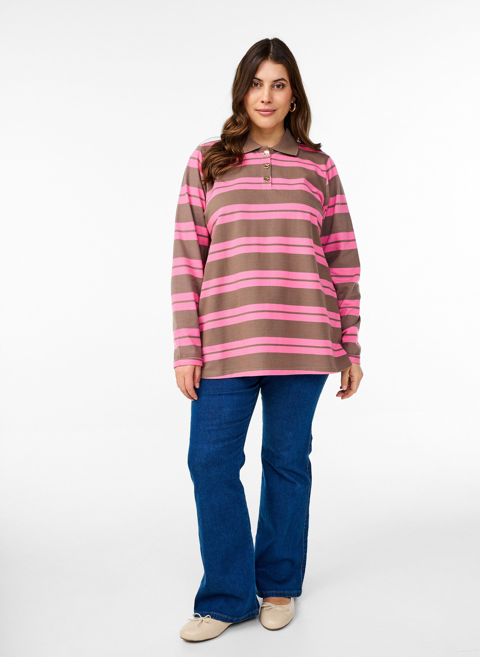 ZizziGestreepte polo met lange mouwen, Roze, Model image number 1