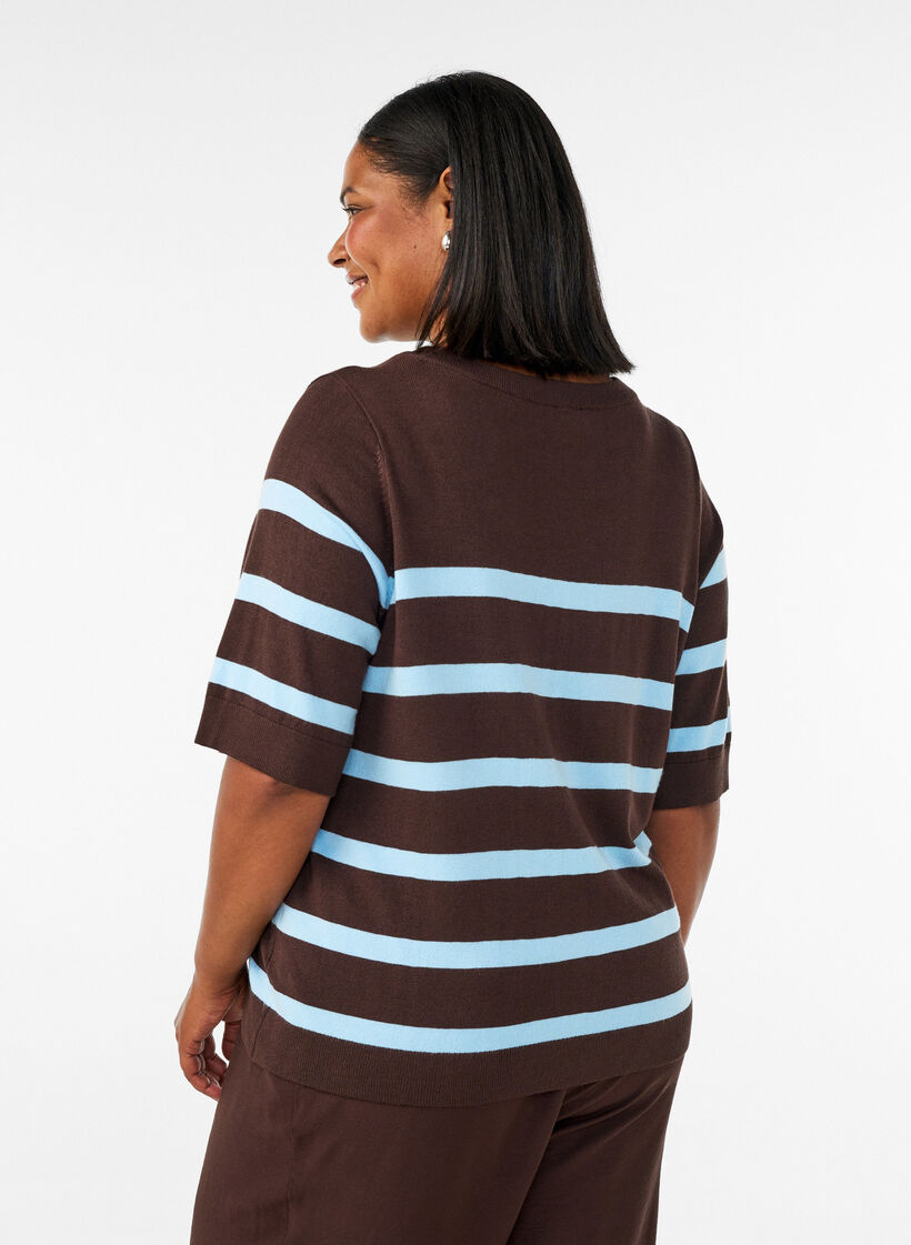 Gestreepte top met korte mouwen in breisel, Bruin, Model image number 2