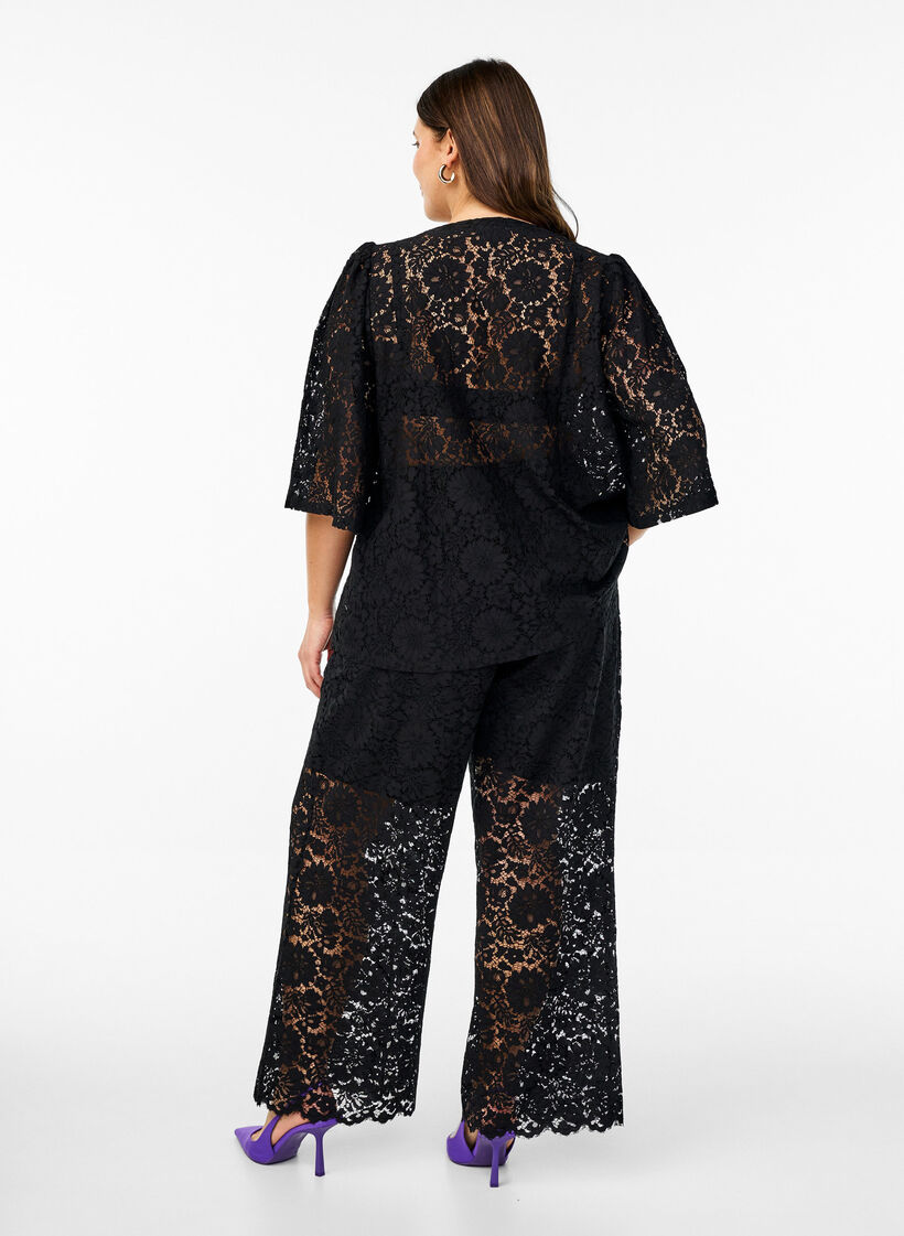 Kanten broek met hoge taille en zakken, Zwart, Model image number 1