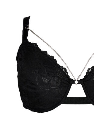 ZizziVolledig dekkende kanten bh met kettingdetail, Black, Packshot image number 2