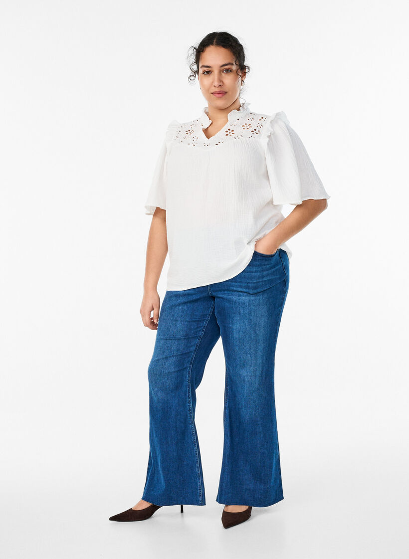 Blouse in katoen mousseline met broderie anglaise en 1/2 mouwen, Wit, Model image number 1