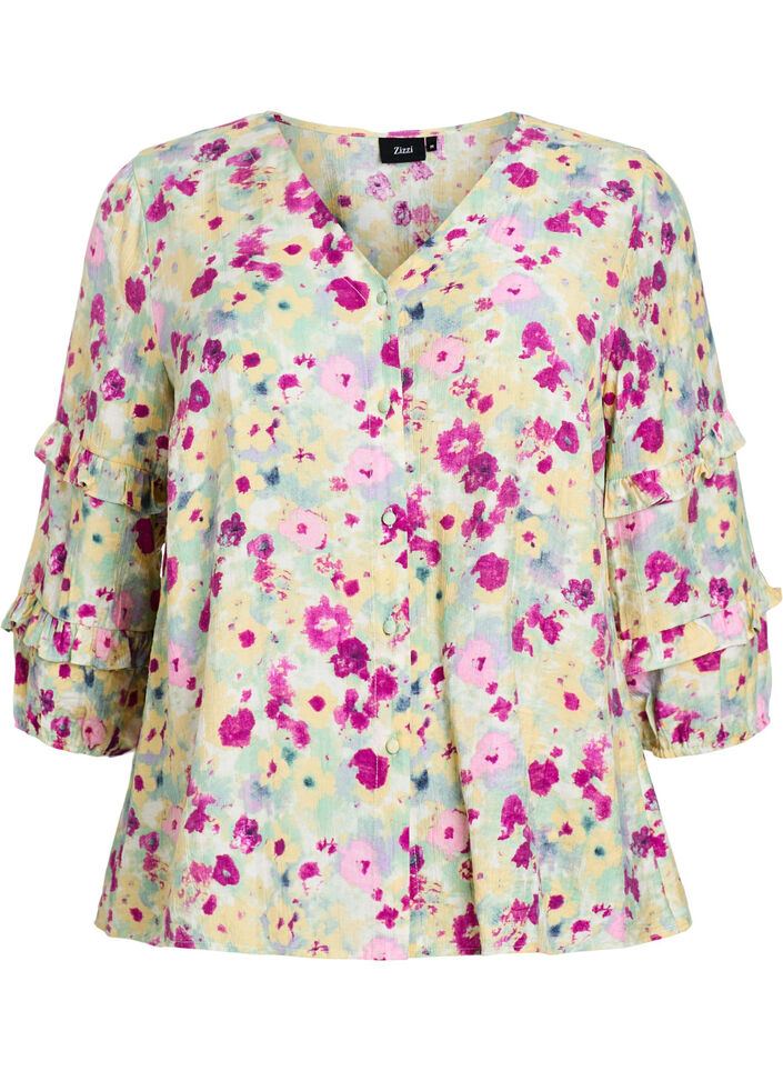 Blouse met ruches en bloemenprint, Vanille, Packshot image number 0