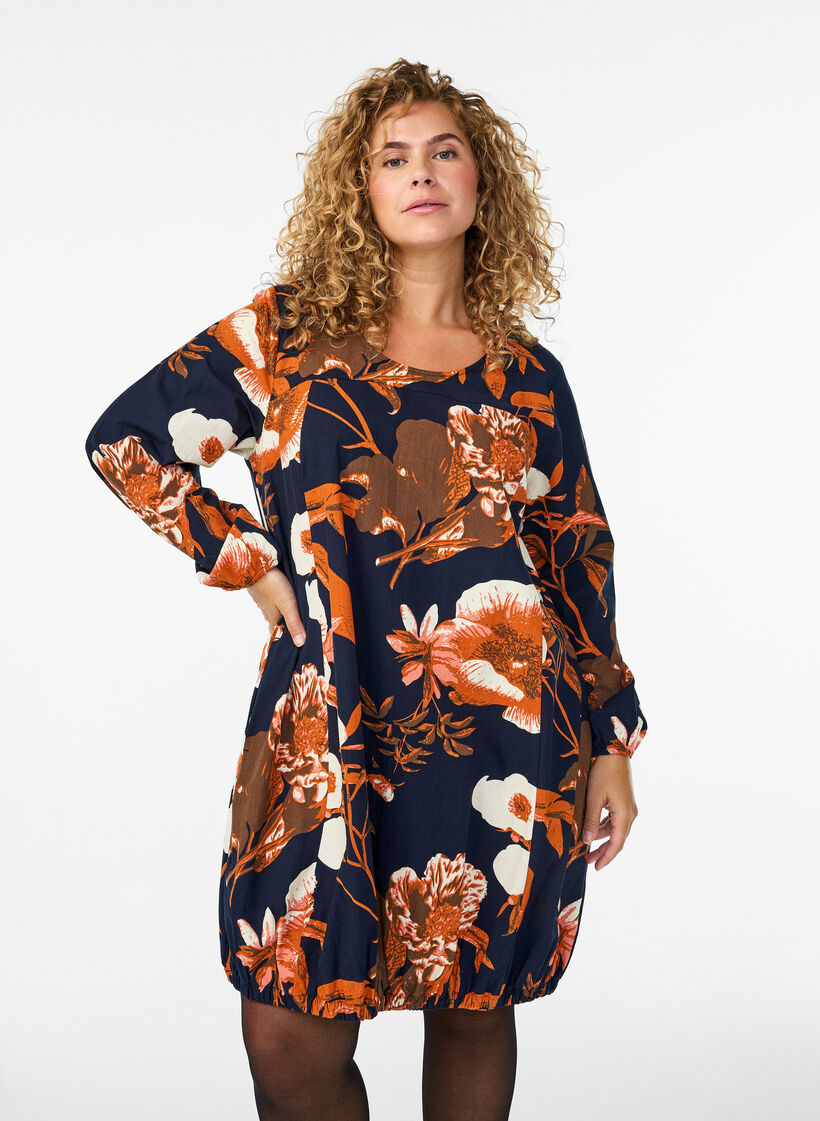 Korte katoenen jurk met een elastische zoom en lange mouwen, Zwart, Model image number 0