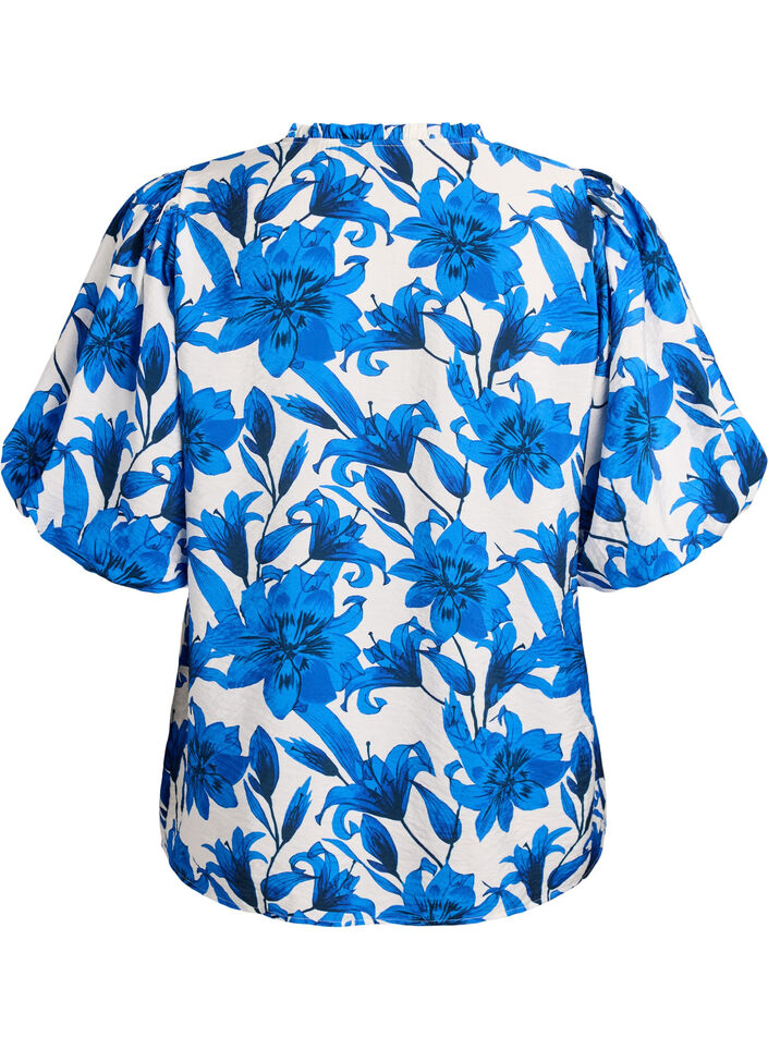 Blouse met bloemenprint en korte ballonmouwen, Vanille, Packshot image number 1