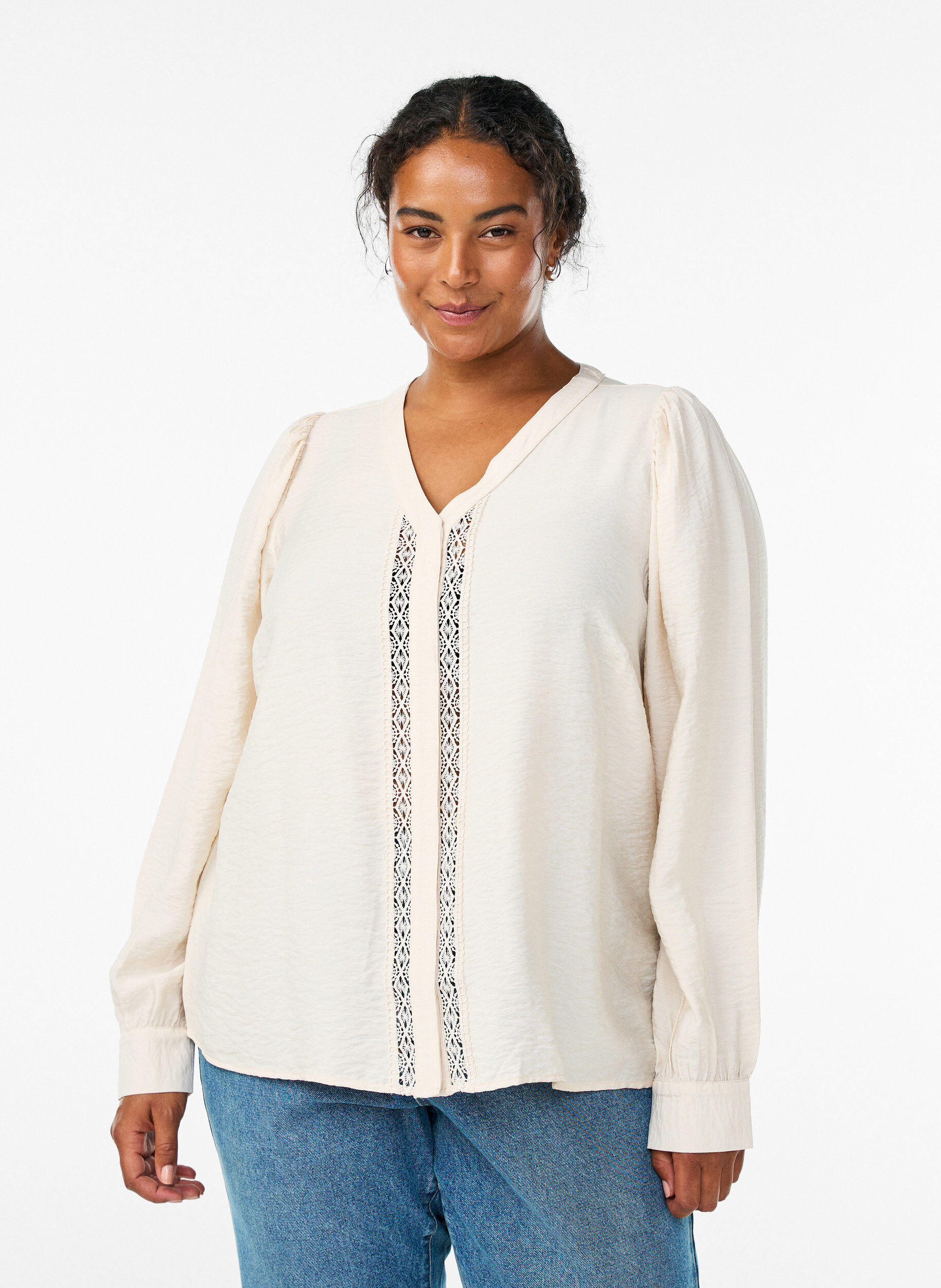 ZizziBlouse met V-hals en geborduurde banden, Beige, Model image number 0