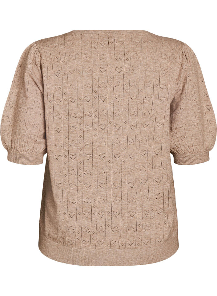 Blouse en maille pointelle &agrave; manches courtes, Beige, Packshot image number 1