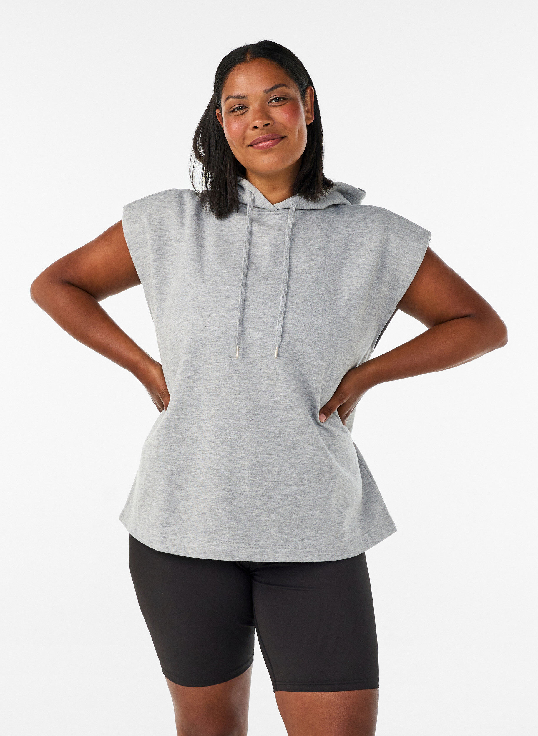 Sweatvest met capuchon en schoudervulling, Grijs, Model