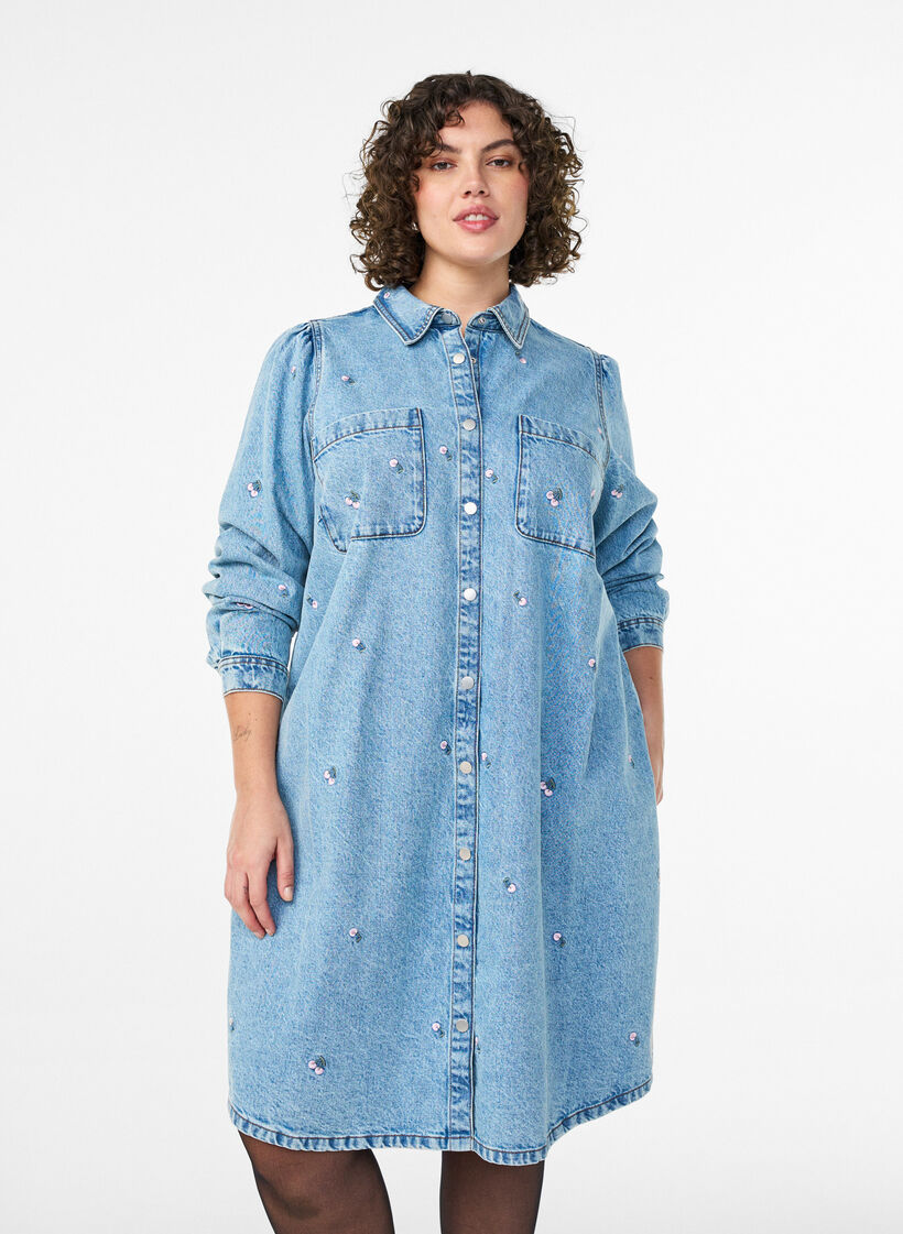 Denimjurk met kersen en borstzakken, Blauw, Model image number 0