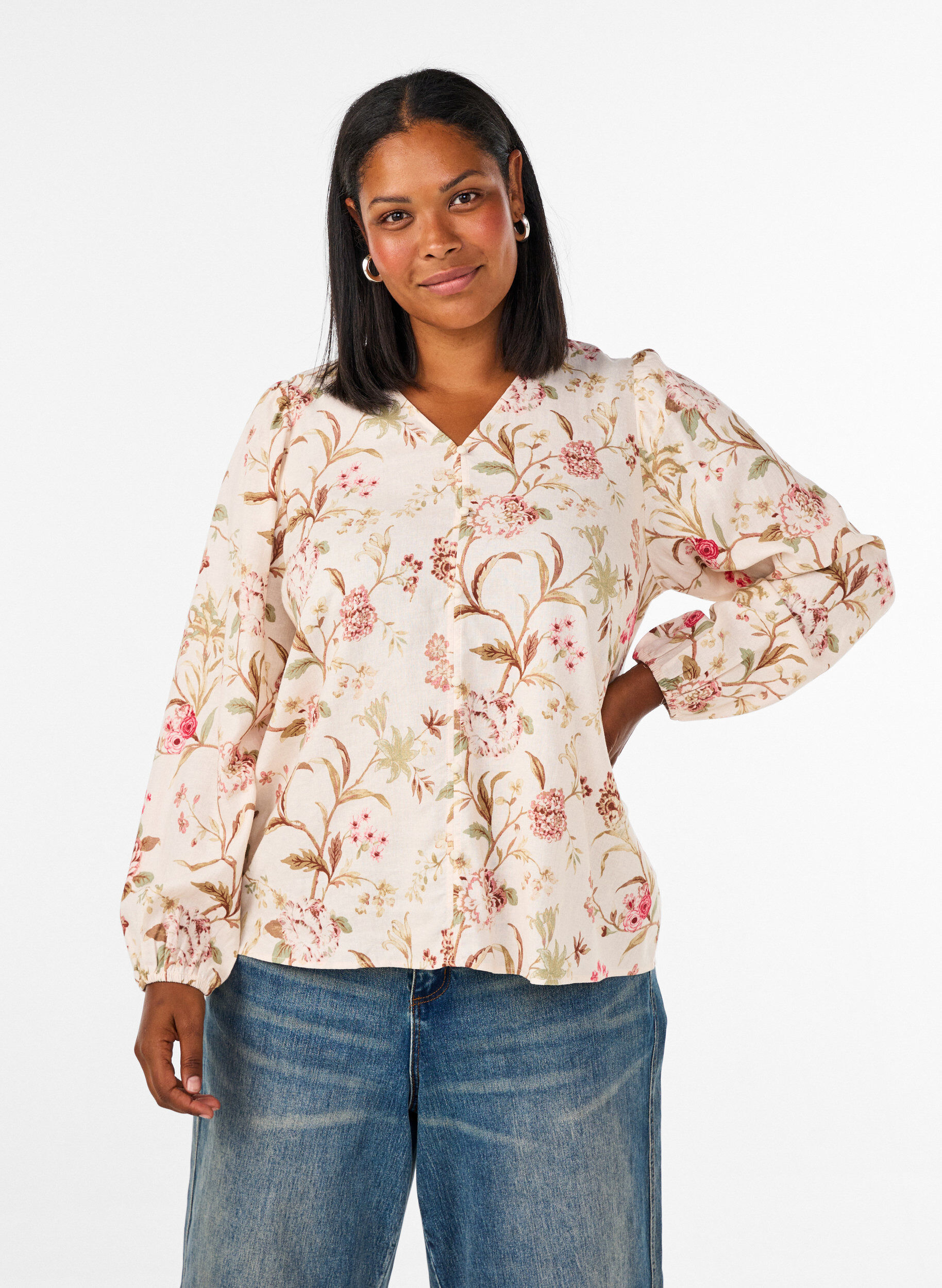 Gebloemde blouse van linnen en viscose met lange mouwen, Vanille, Model