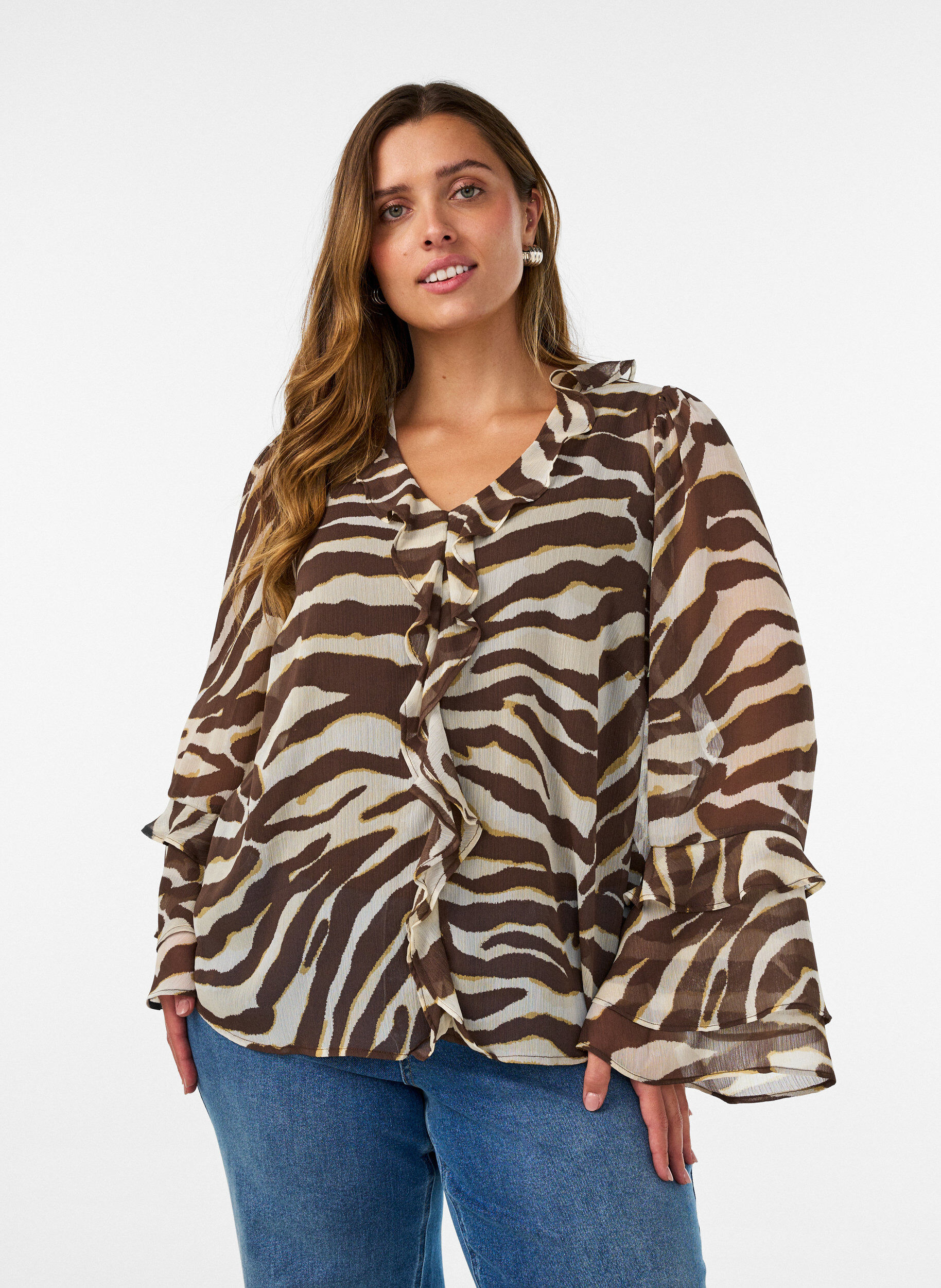 Chiffon blouse met zebraprint en ruches, Bruin, Model