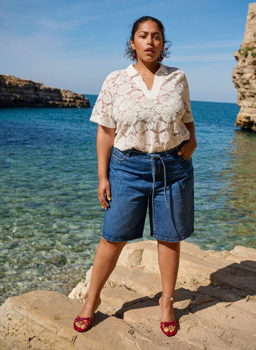 Strakke pasvorm denim shorts met strikriem, Blue Denim, Image