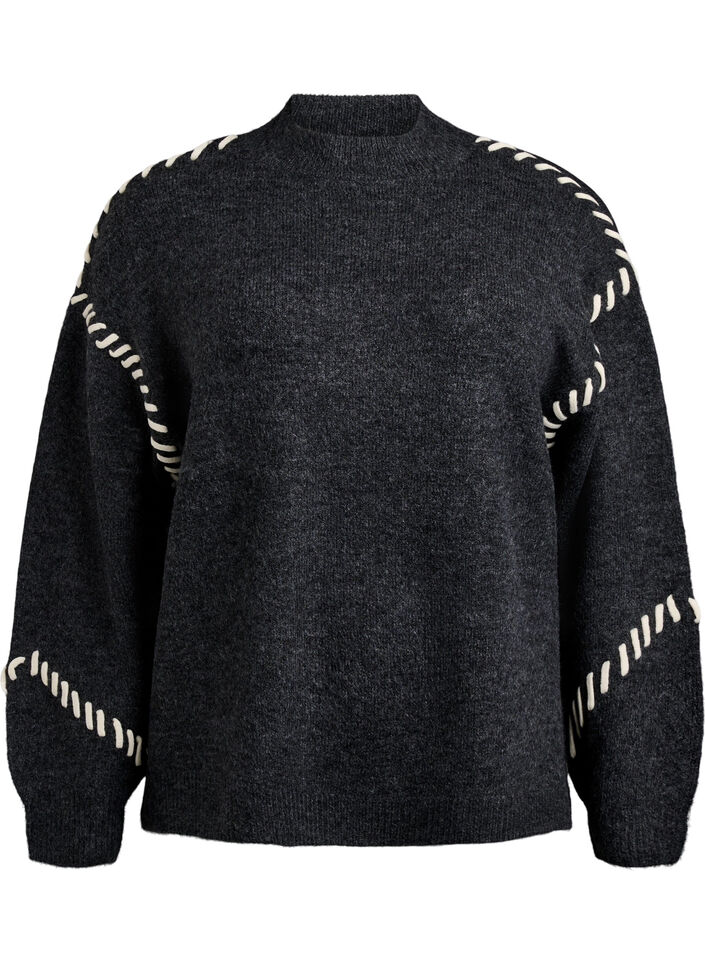 Jumper met decoratieve stiksels, Grijs, Packshot image number 0