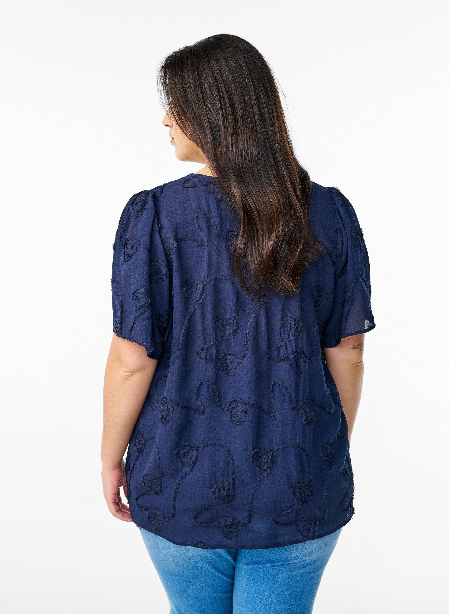 ZizziShirtblouse met korte mouwen en 3D-bloeimeffect, Blauw, Model image number 2