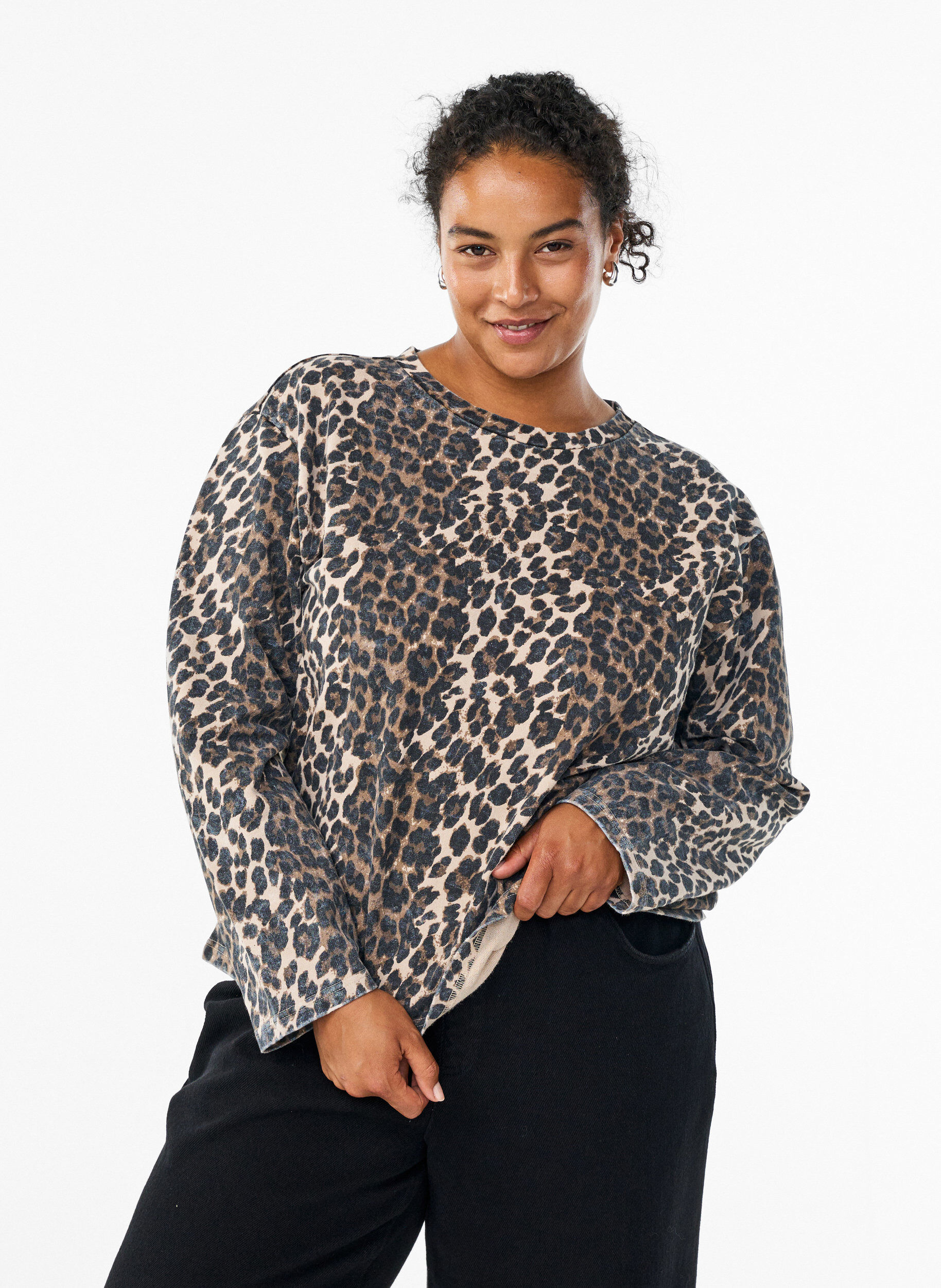 Gewassen sweatshirt met luipaardprint, Bruin, Model