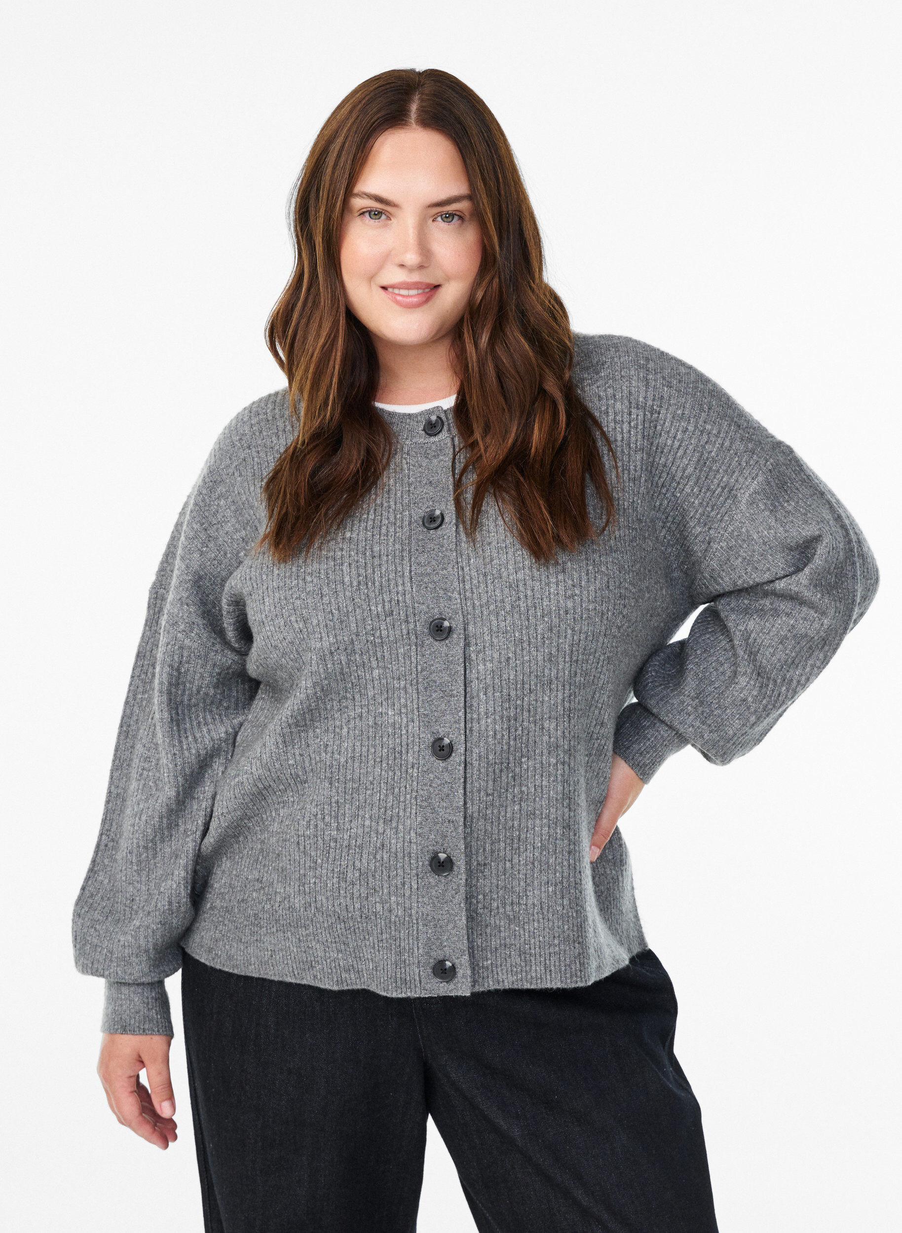 ZizziVest van ribtricot met knopen, Grijs, Model image number 0