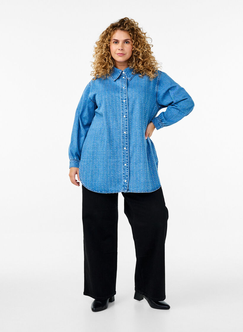 Denim shirt met strasssteentjes, Light Blue Denim, Model image number 2