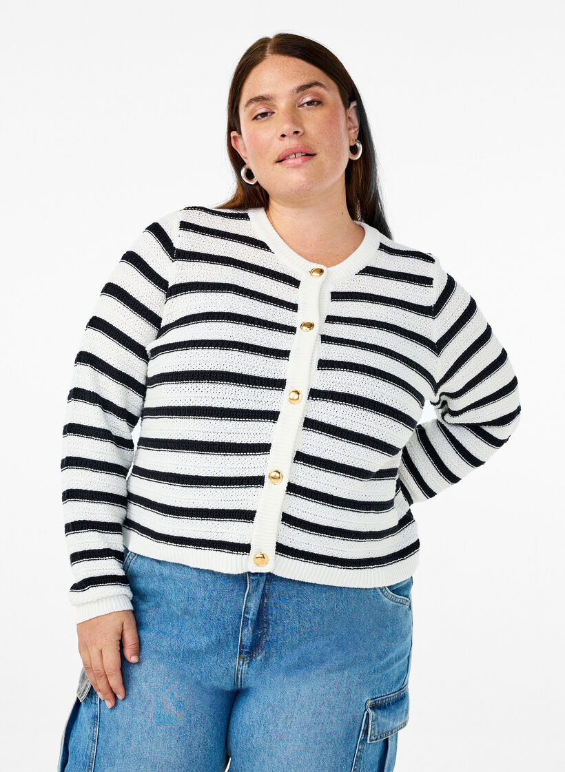 Gestreepte cardigan met gouden knopen in breisel, Cloud D. w. Black, Model