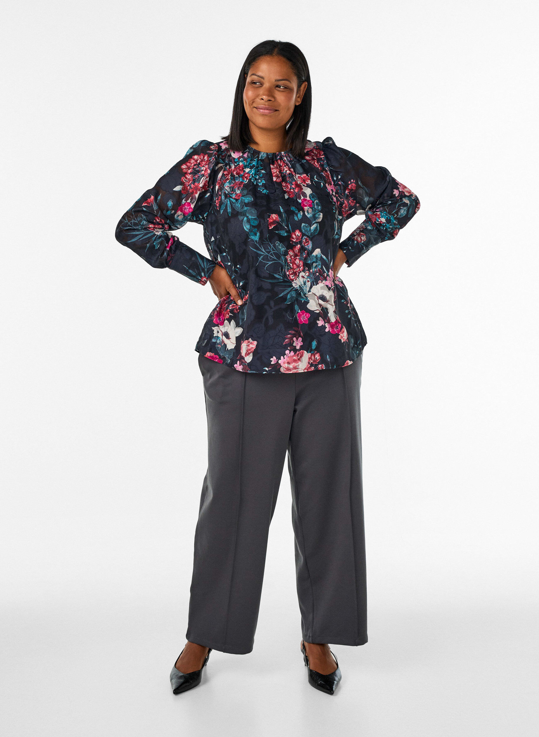 Losse jerseybroek met hoge taille, Grijs, Model