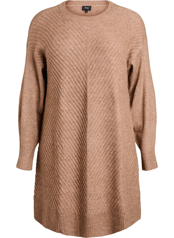 Korte gebreide jurk met een V-vormig textuurpatroon, Bruin, Packshot image number 0
