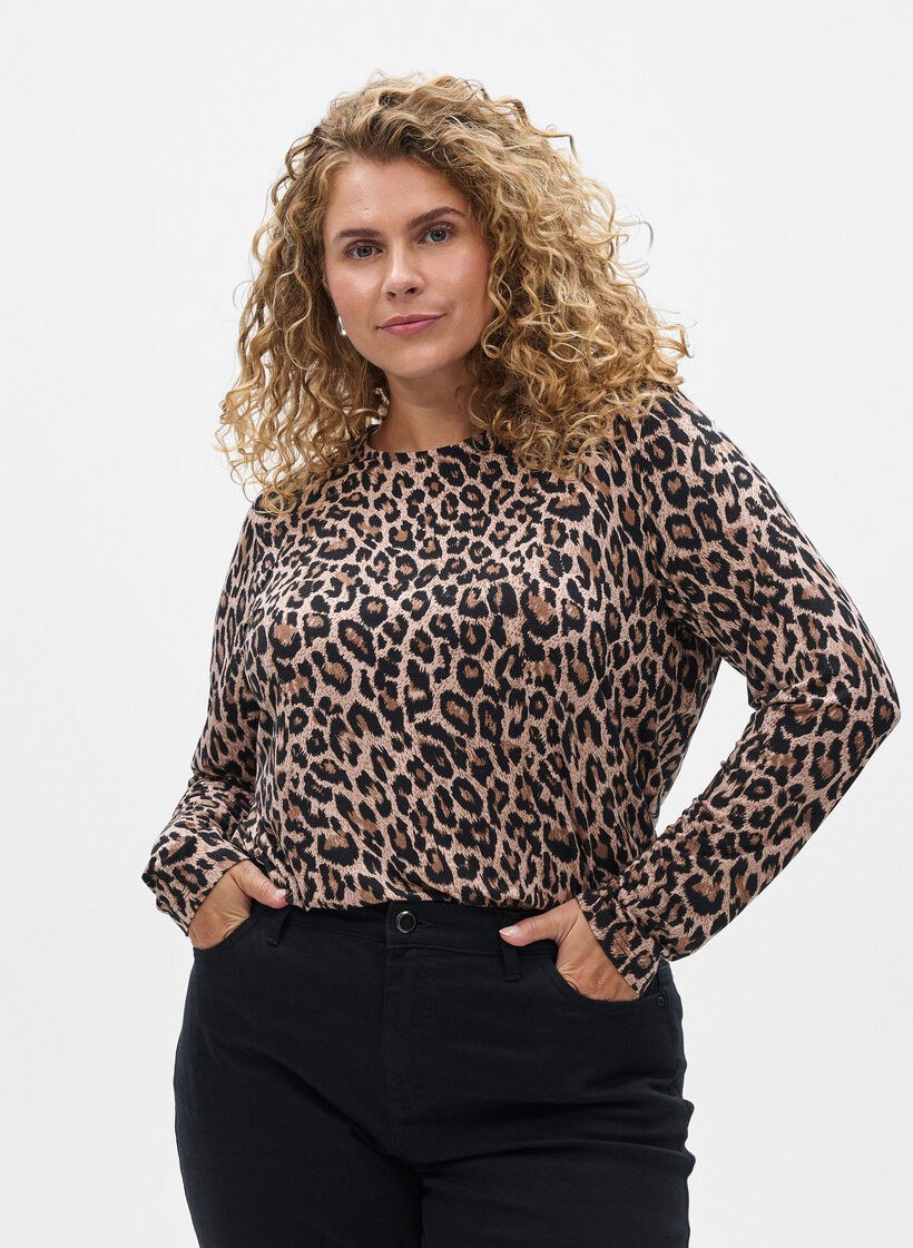 Gestreepte blouse met lange mouwen, Bruin, Model image number 0