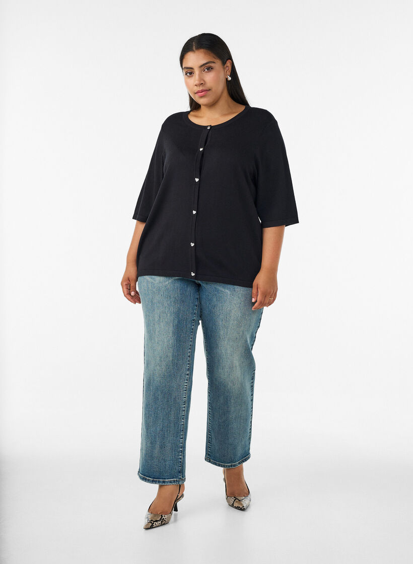 Gebreid vest met hartvormige knopen en korte mouwen, Zwart, Model image number 1