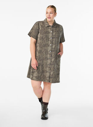 ZizziKorte denim overhemdjurk met slangenprint, Light Snake AOP, Model image number 0