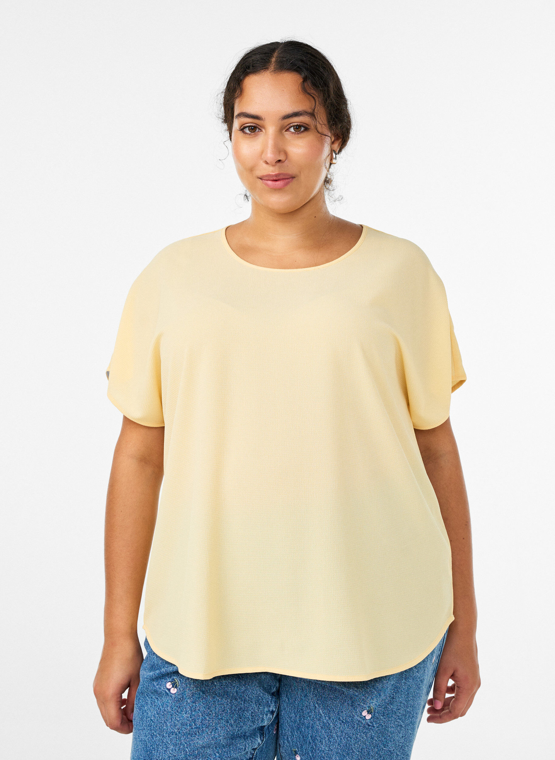 Blouse met korte mouwen en een ronde halslijn, Geel, Model