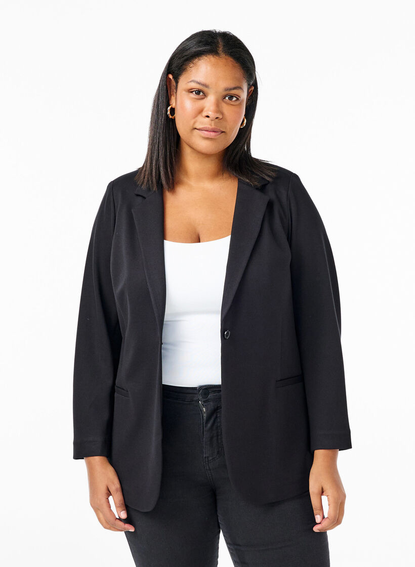 Eenvoudige blazer met knoopsluiting, Zwart, Model image number 0