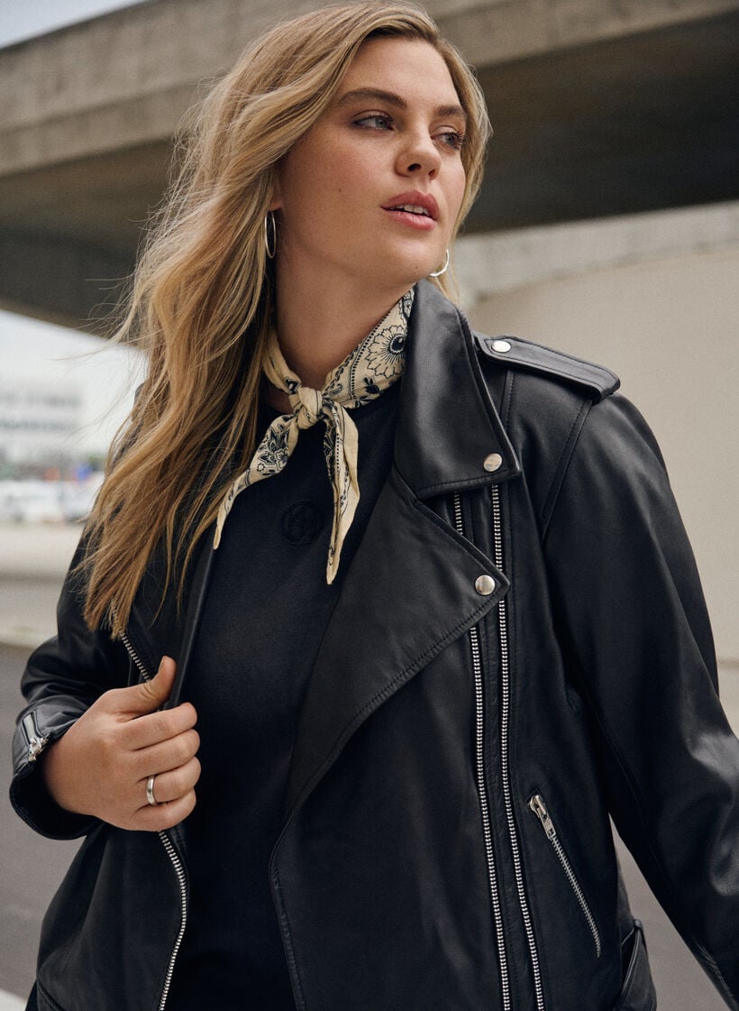 Leren bikerjack met riem, Black, Image
