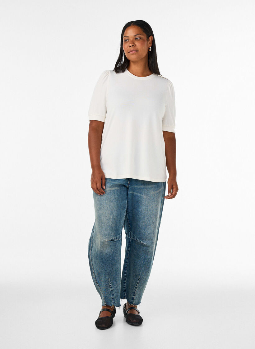 Blouse met knoopdetail en korte pofmouwen, Beige, Model image number 1