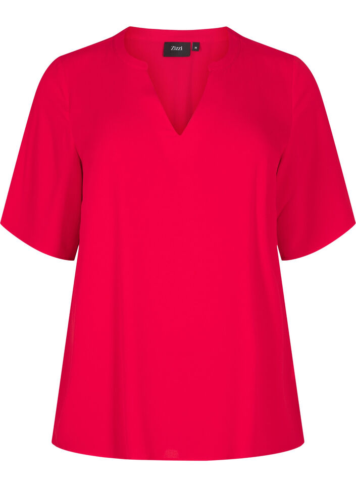Blouse met korte mouwen en V-hals, Rood, Packshot image number 0